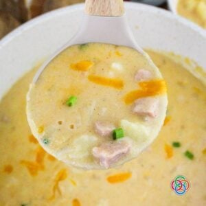 Ladle filled with creamy ham and potato soup showing chunks of ham, potatoes, melted cheddar cheese, and green onions.