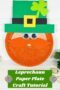 Leprechaun paper plate craft with glittery orange beard, googly eyes, green hat with yellow buckle, and shamrock decoration for a St. Patrick’s Day kids craft tutorial.