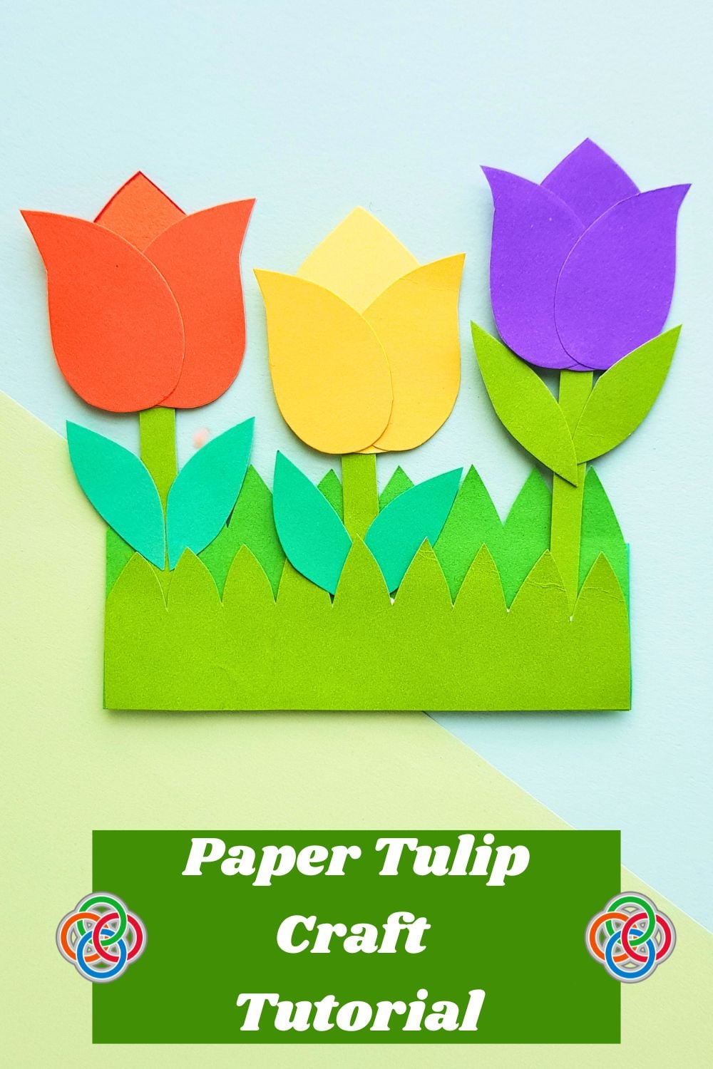 Paper tulip craft tutorial image showing three colorful tulips in a green grass pocket with text overlay on a pastel background.