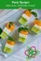 Top-down Pinterest graphic of Irish flag appetizer stacks made with honeydew, feta cheese, and cantaloupe topped with mint and cocktail picks, with text reading “Party Recipes Irish Flag Appetizer Stacks.”