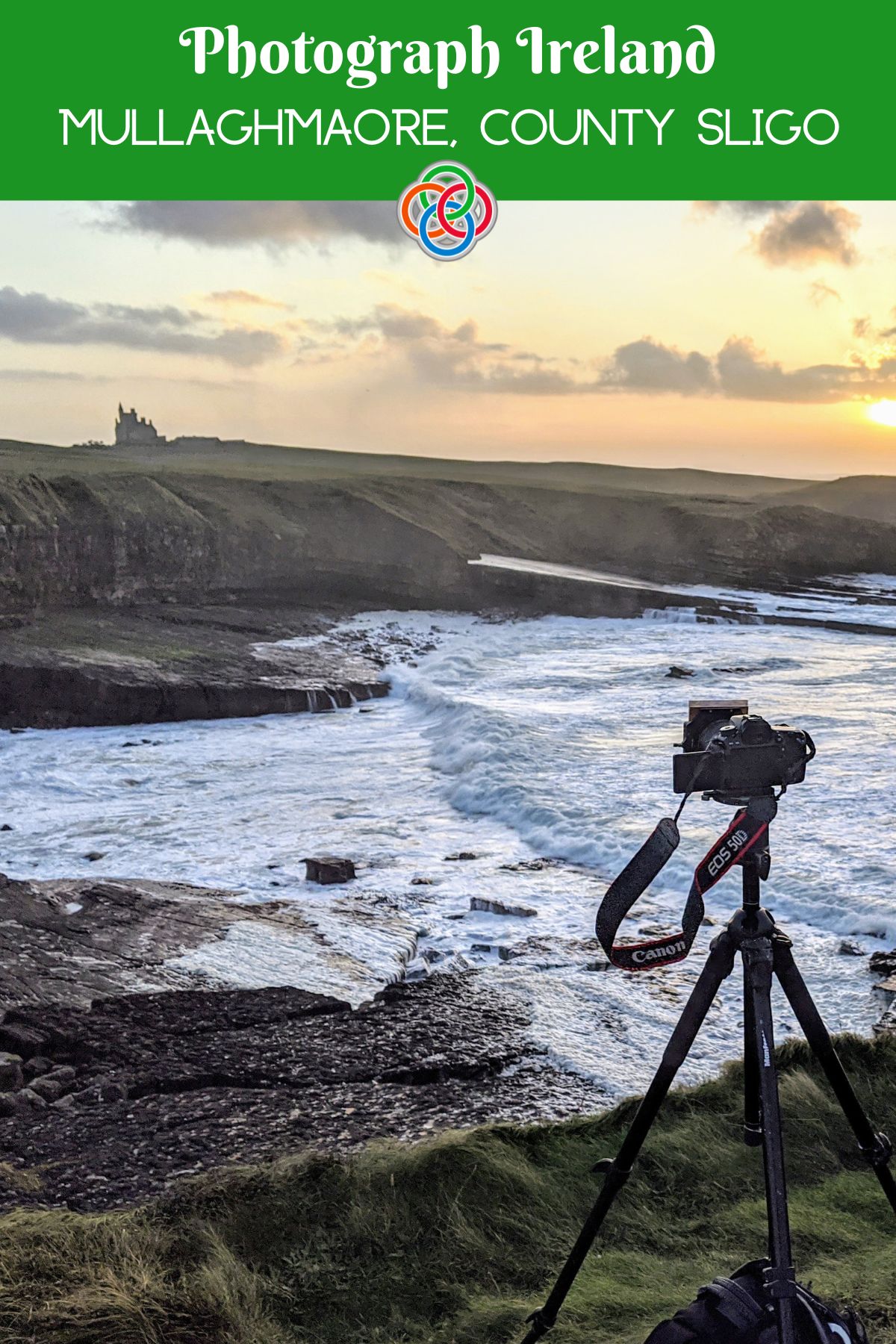 Photograph Ireland Mullaghmaore County Sligo | Irish American Mom Camera on a tripod photographing waves along the rugged Mullaghmore coastline in County Sligo, Ireland, with Classiebawn Castle visible on the distant cliffs at sunset.