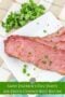 Slices of corned beef brisket on a plate with parsley plus a text banner.