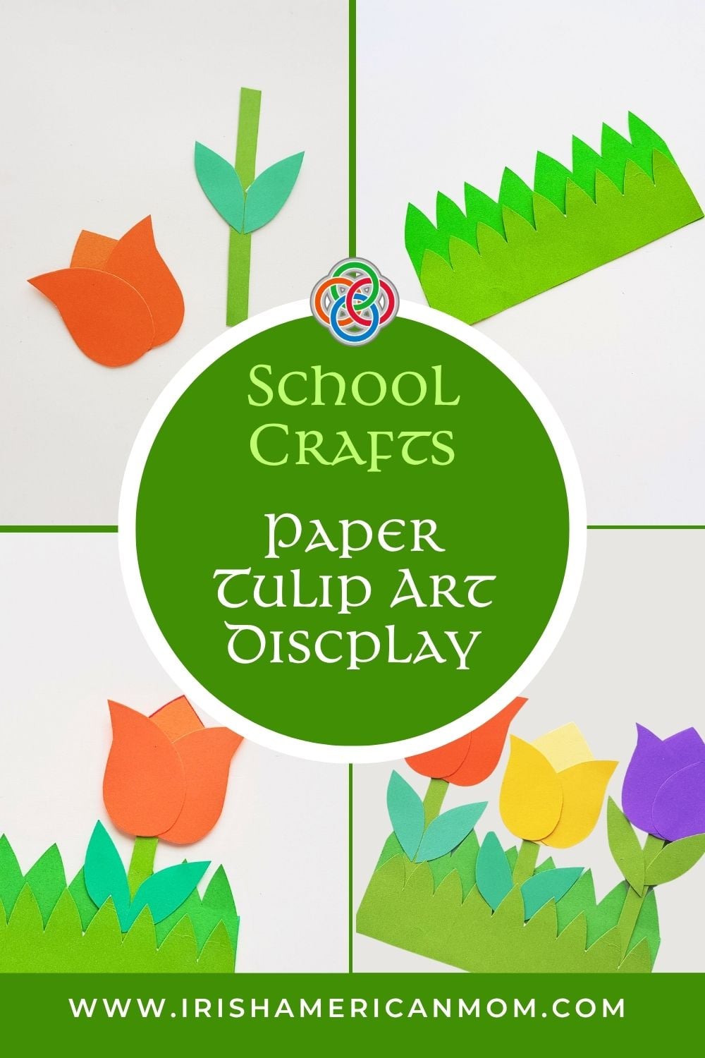 Collage of paper tulip craft steps and finished display with green grass and colorful flowers, labeled School Crafts Paper Tulip Art Display.