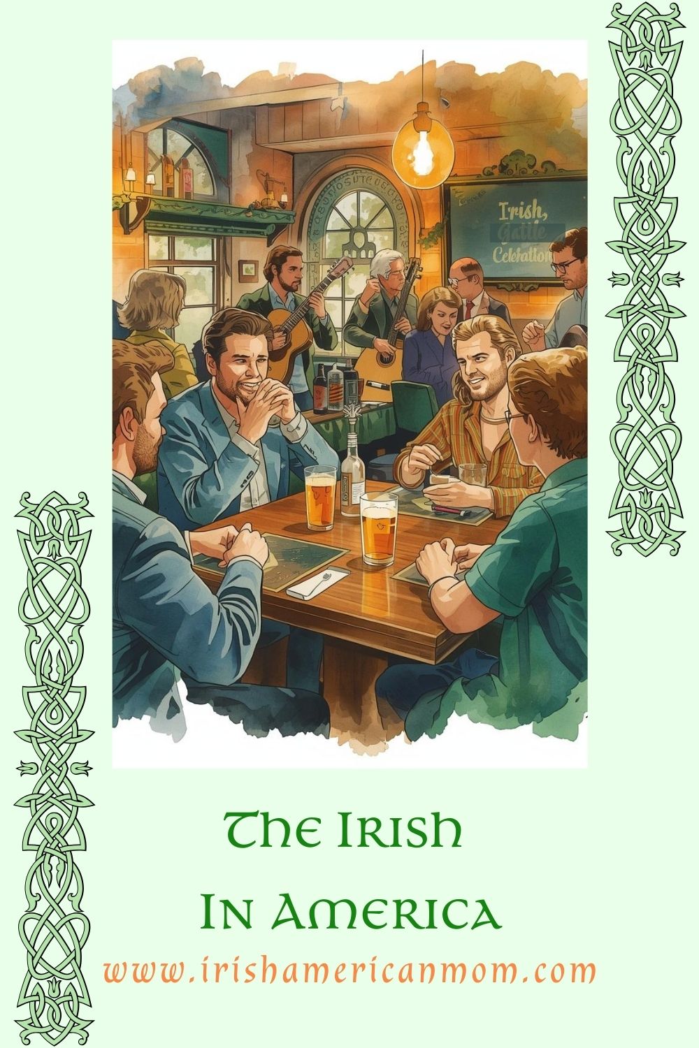 Illustration of people gathered in a traditional Irish pub in America enjoying drinks and live Irish music, representing Irish American culture and community traditions.
