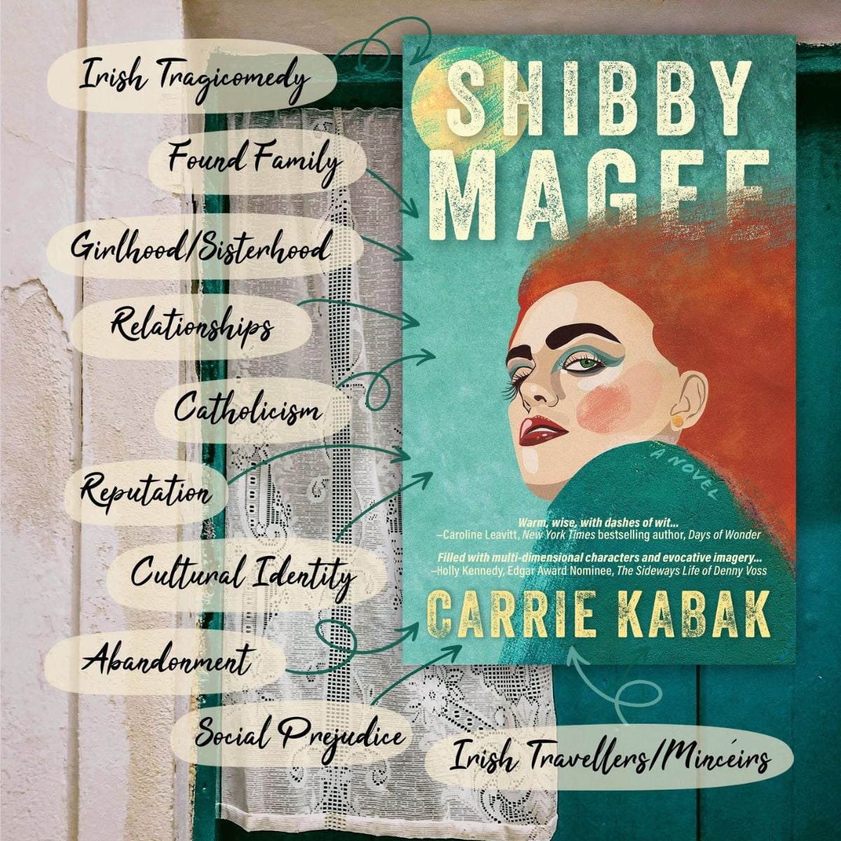 Graphic showing the book cover of Shibby Magee by Carrie Kabak alongside a list of themes including Irish tragicomedy, found family, girlhood and sisterhood, relationships, Catholicism, reputation, cultural identity, abandonment, social prejudice, and Irish Travellers.