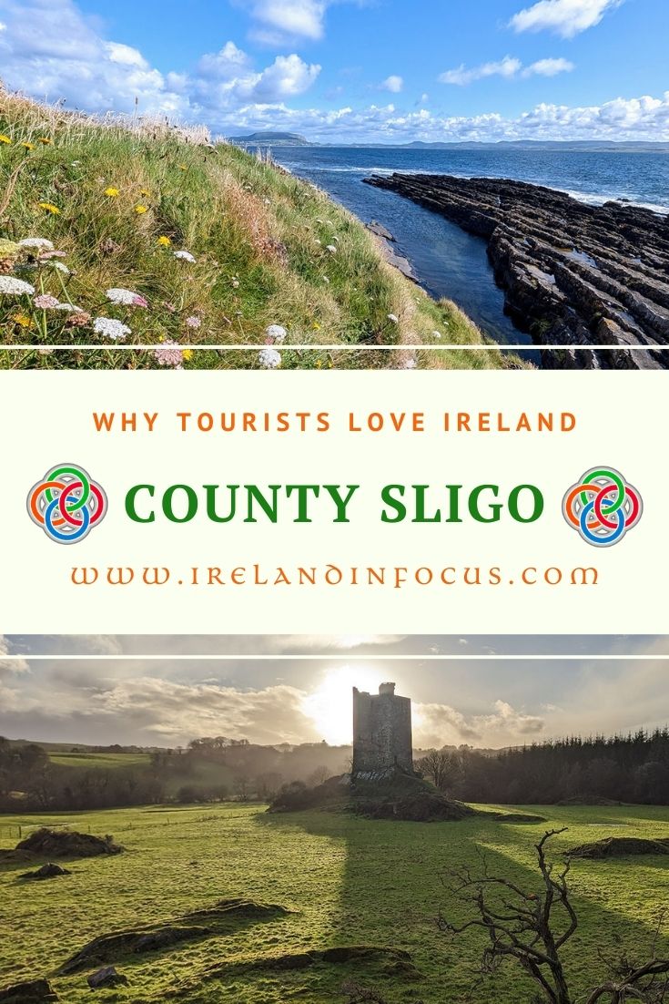 Why Tourists Love Ireland County Sligo on the Wild Atlantic Way | Irish American Mom Collage showing rugged coastline along the Wild Atlantic Way and a historic tower house castle in the countryside of County Sligo, Ireland.