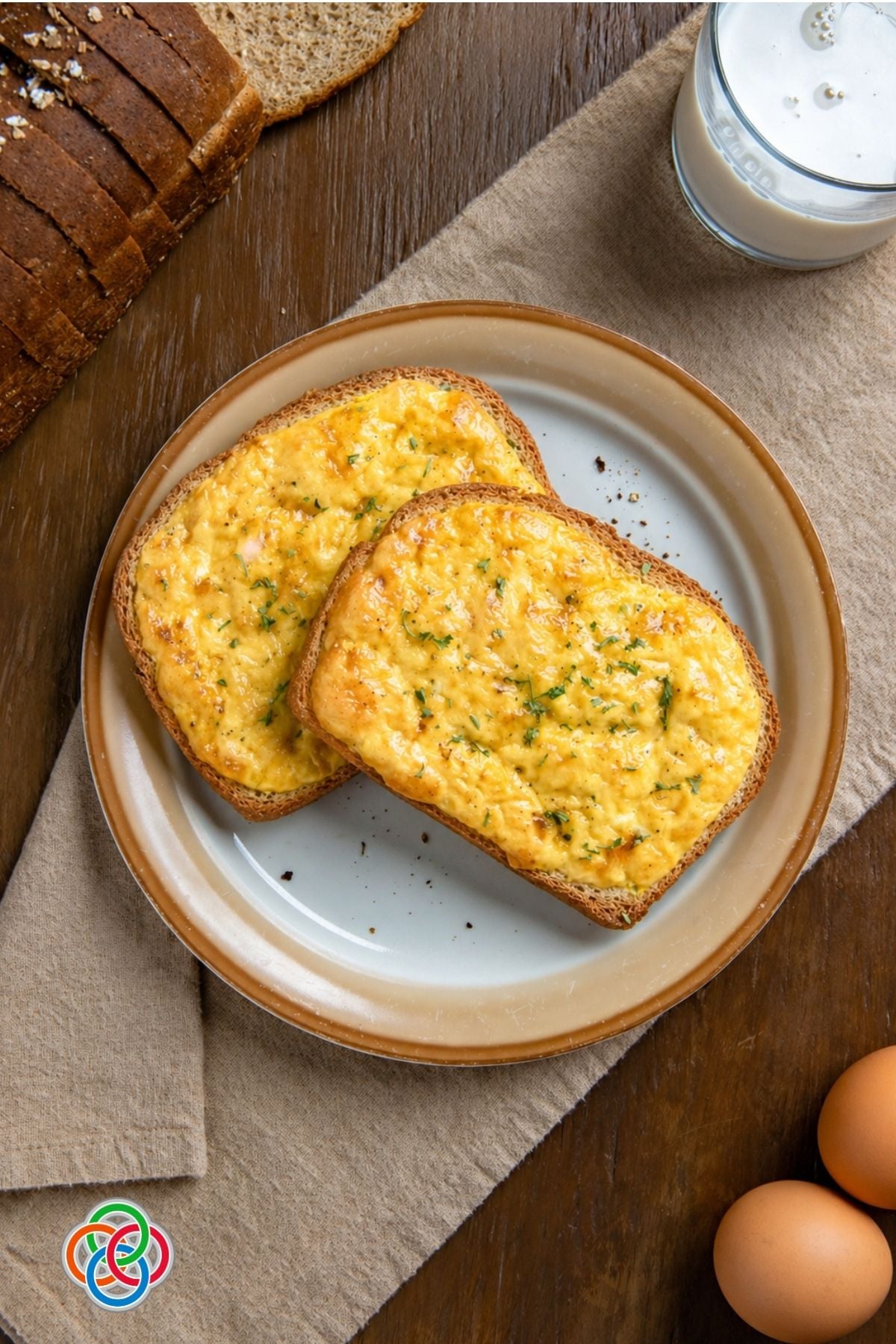 Two slices of baked egg and cheese toasts on a plate with a glass of milk, wholemeal bread, and eggs on a rustic wooden table.