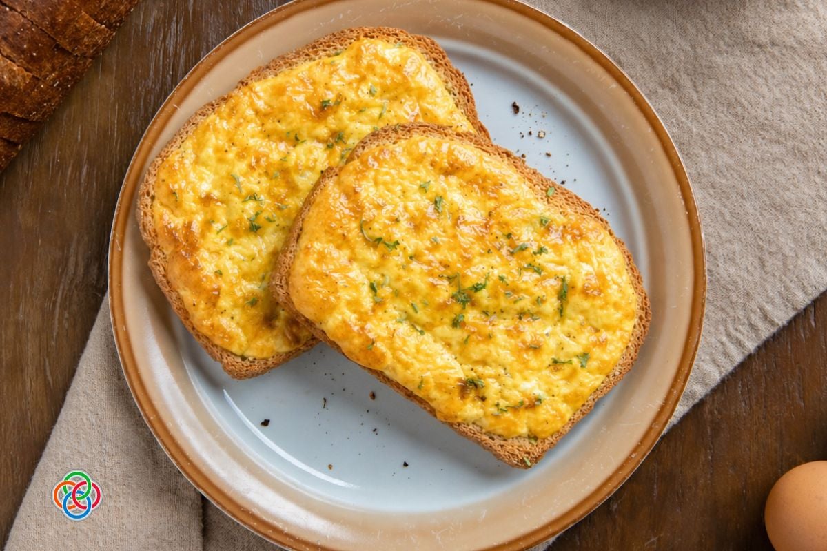 Two slices of toasted bread topped with cheesy scrambled eggs and herbs, served on a ceramic plate.