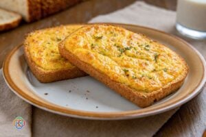 Two slices of cheesy garlic bread on a beige plate, sprinkled with herbs on a wooden table.