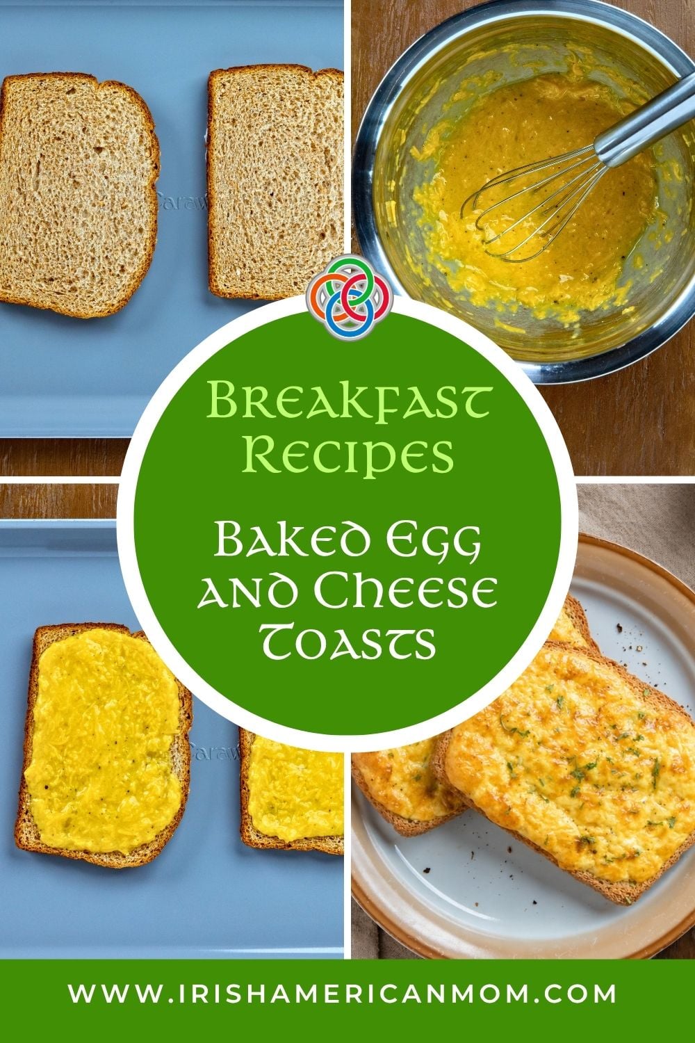 Collage recipe cover: green circular badge reading 'Breakfast Recipes Baked Egg and Cheese Toasts' surrounded by toast slices and a mixing bowl motif.
