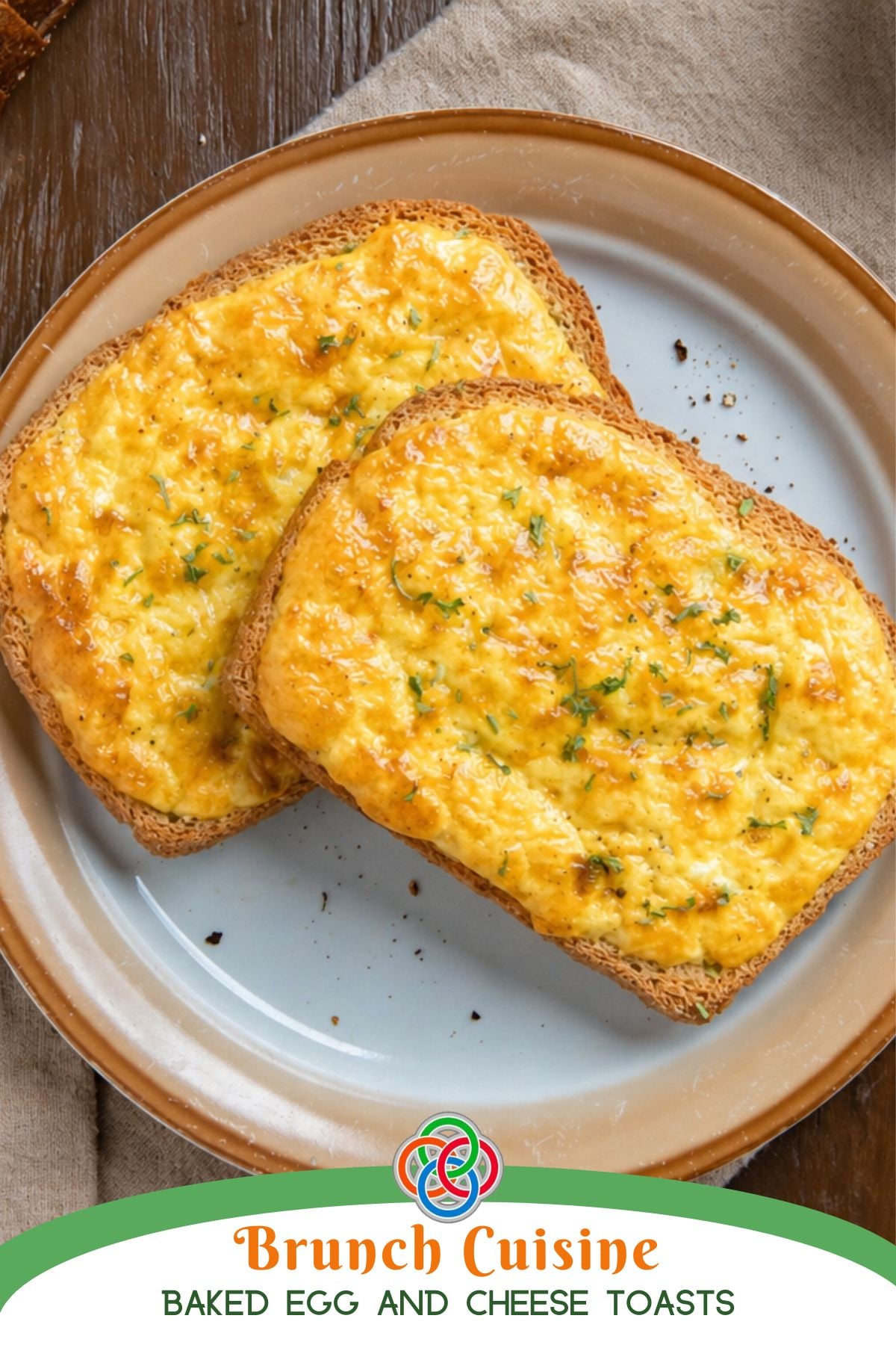 Close-up of two baked egg and cheese toasts with a golden topping on a plate, labeled as brunch cuisine with Irish-inspired styling.
