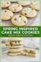 Pinterest graphic showing spring inspired cake mix cookies with pastel M&M candies and chocolate chips, including cookies cooling on a rack and stacked cookies with a soft, chewy interior.