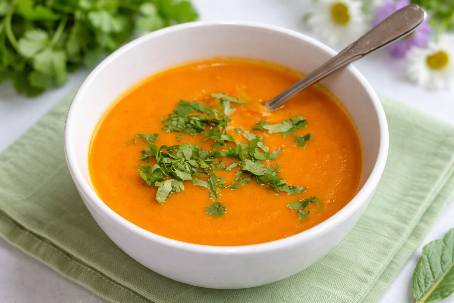 A bowl of smooth carrot and coriander soup garnished with fresh herbs, served on a light green napkin with a spring-inspired background.