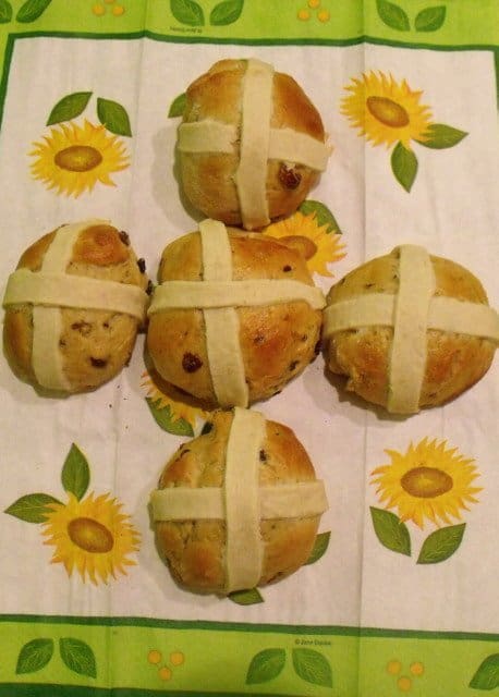 Freshly baked hot cross buns with pastry crosses on top