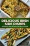 Two image collage featuring scalloped potatoes and glazed parsnips with a central text banner in green ivory and burnt orange tones with Celtic designs.