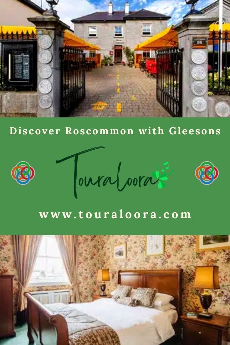 Entrance and interior of Gleesons Hotel in Roscommon, Ireland, featured in a Touraloora travel promotion with text “Discover Roscommon with Gleesons” and Touraloora branding.