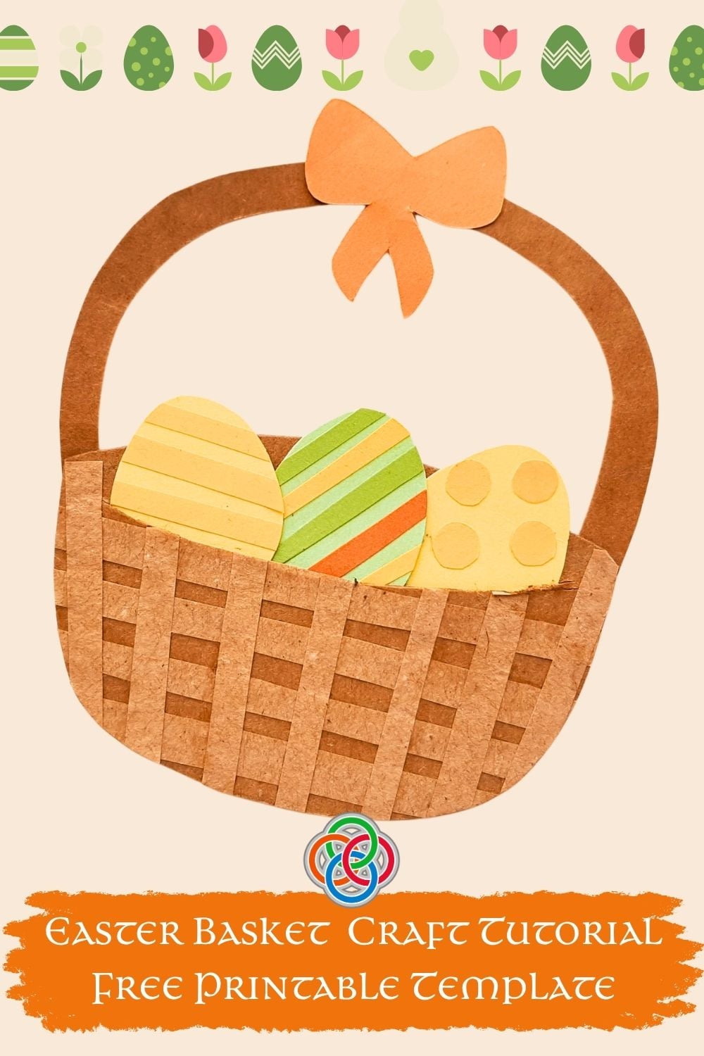 Finished paper Easter basket craft with woven brown base, handle with bow, and decorated pastel eggs, with text promoting a free printable template.