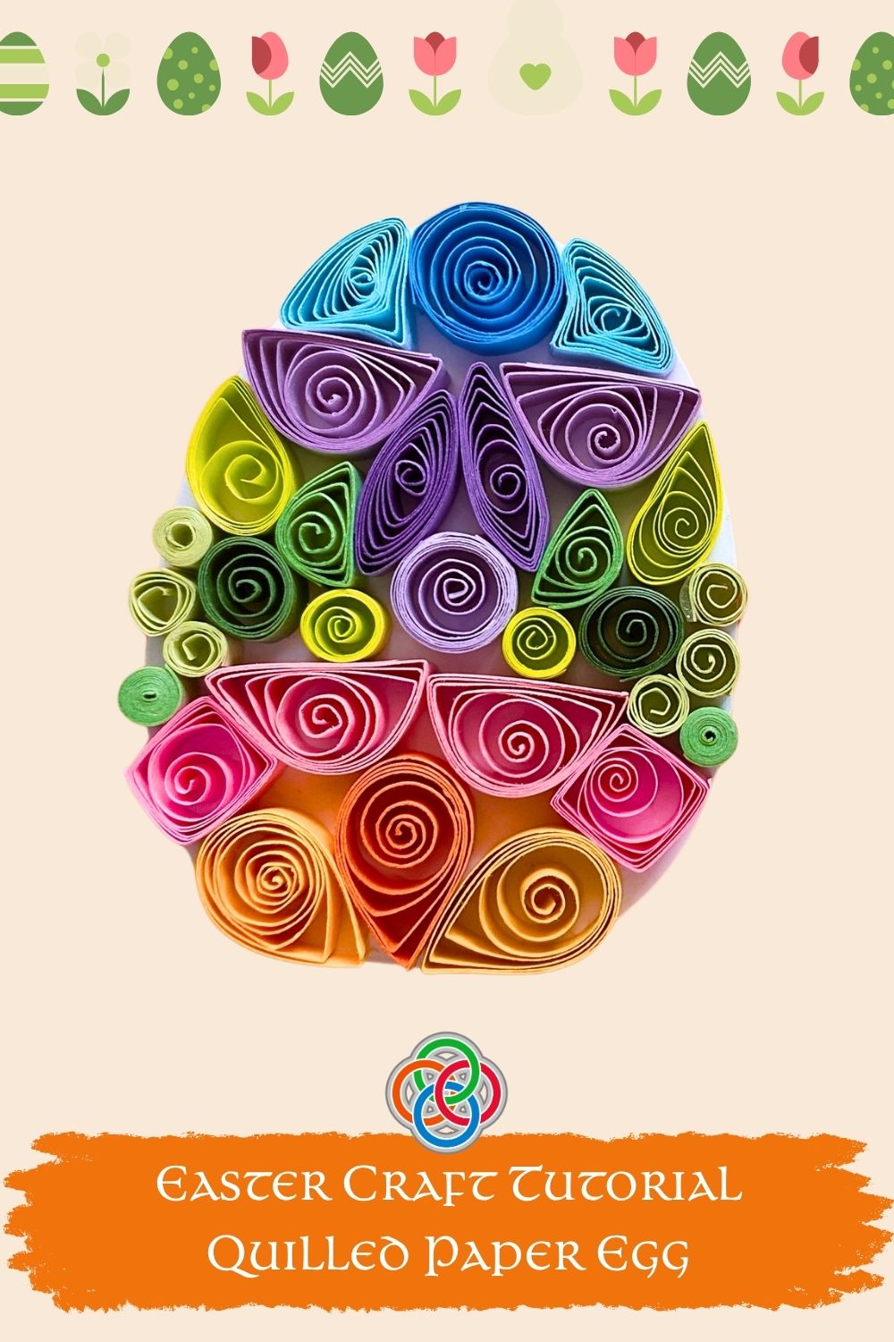 Colorful quilled paper Easter egg made with bright coils and shapes arranged in a decorative pattern, with text reading “Easter Craft Tutorial Quilled Paper Egg.”