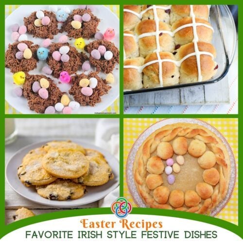 Collage of Irish Easter recipes including chocolate nests with mini eggs, hot cross buns, Easter biscuits, and traditional Simnel cake displayed with festive decorations.