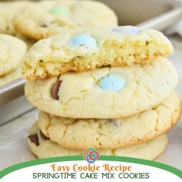 Close-up of soft cake mix cookies with pastel M&M candies and chocolate chips, showing their tender texture and golden edges with text banner.