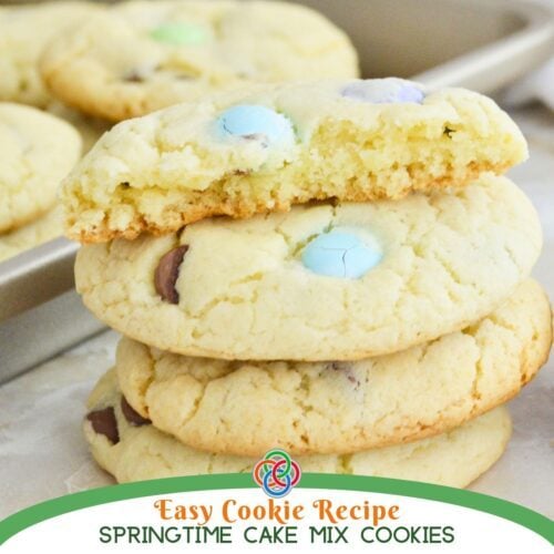 Close-up of soft cake mix cookies with pastel M&M candies and chocolate chips, showing their tender texture and golden edges with text banner.