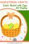 Paper Easter basket craft with woven brown base and decorated eggs, presented as an educational kids art display with text overlay.