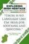 Poster titled 'Exploring Irish Heritage' with Celtic border designs and the quote about the Irish language.