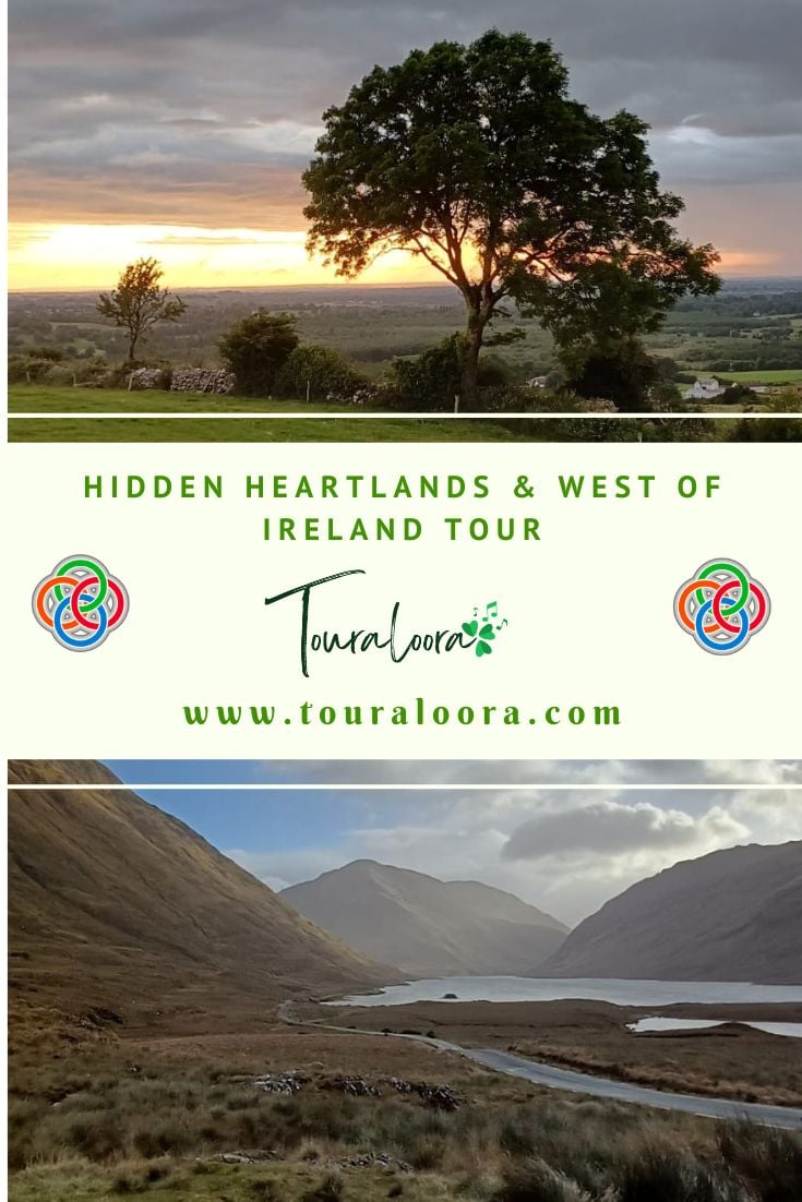 Sunset over the Irish countryside and a scenic mountain valley with a lake in the west of Ireland, featured in a Touraloora Hidden Heartlands and West of Ireland tour image.
