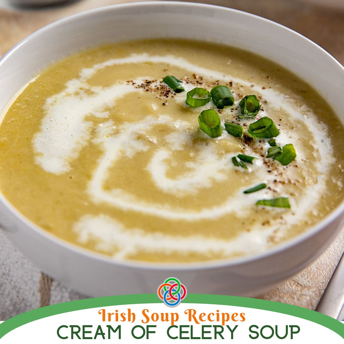 A bowl of creamy Irish celery soup with a pale green color and smooth texture.