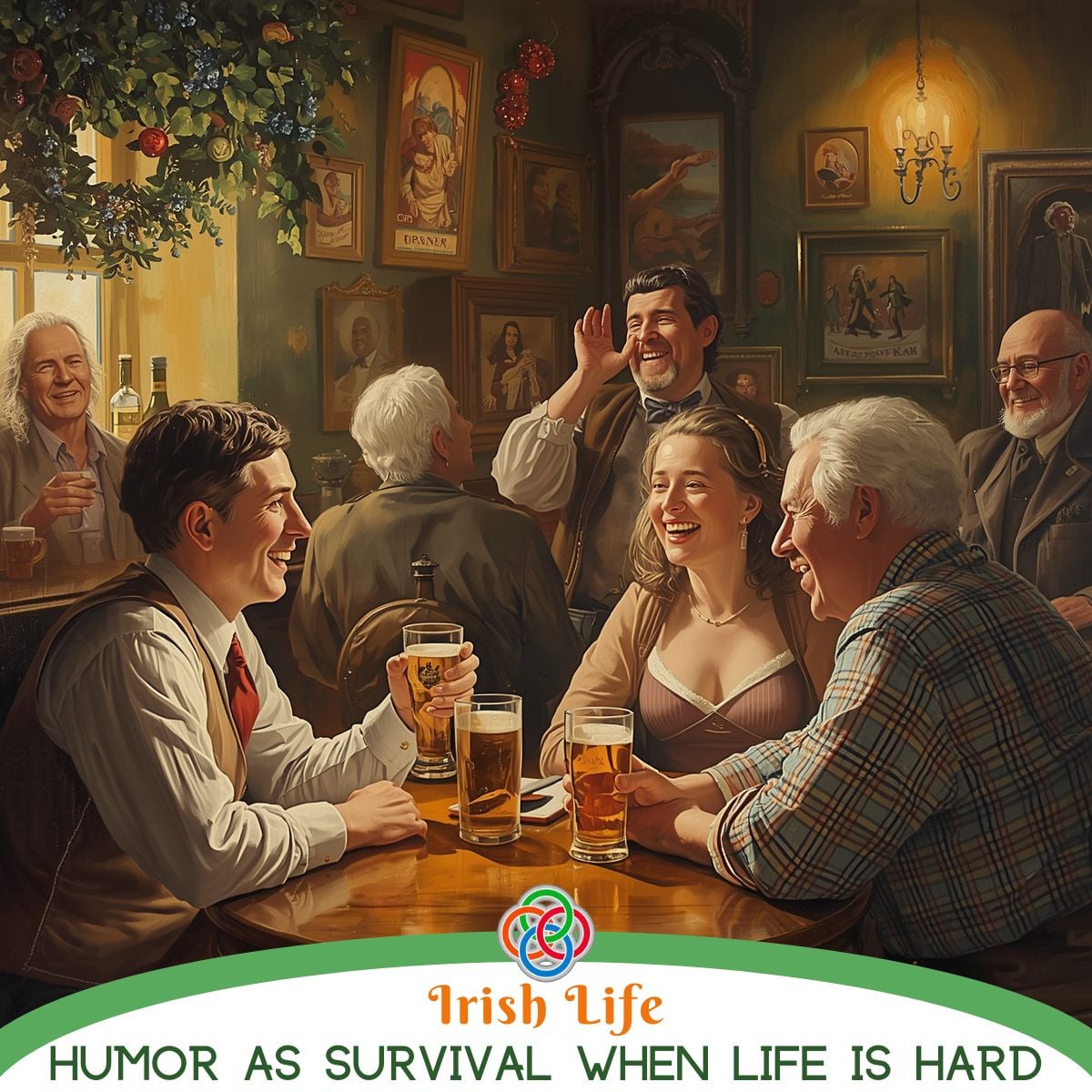 An illustration of people gathered around a table in a cozy Irish pub, sharing drinks and laughing together. Text reads, “Irish Life: Humor as Survival When Life Is Hard,” with Irish American Mom branding.