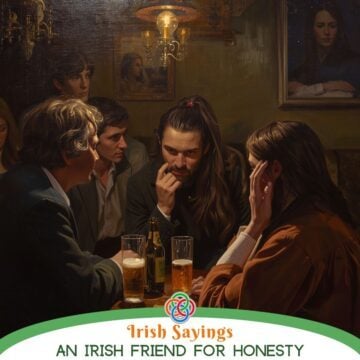 Atmospheric pub scene with a group of friends sitting around a table with drinks, engaged in deep conversation, representing the Irish saying about honesty and true friendship.