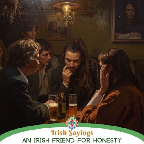 Atmospheric pub scene with a group of friends sitting around a table with drinks, engaged in deep conversation, representing the Irish saying about honesty and true friendship.