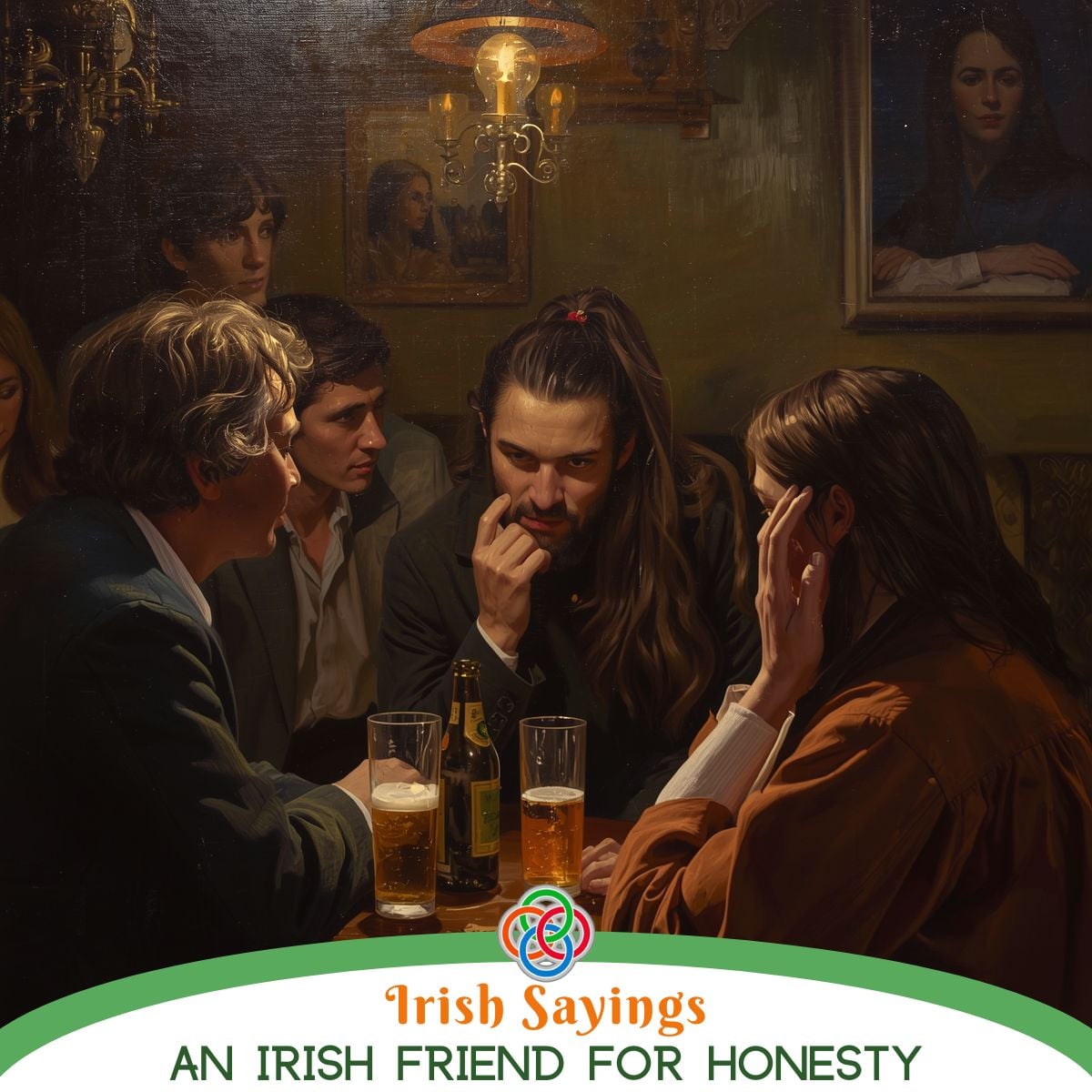Atmospheric pub scene with a group of friends sitting around a table with drinks, engaged in deep conversation, representing the Irish saying about honesty and true friendship.