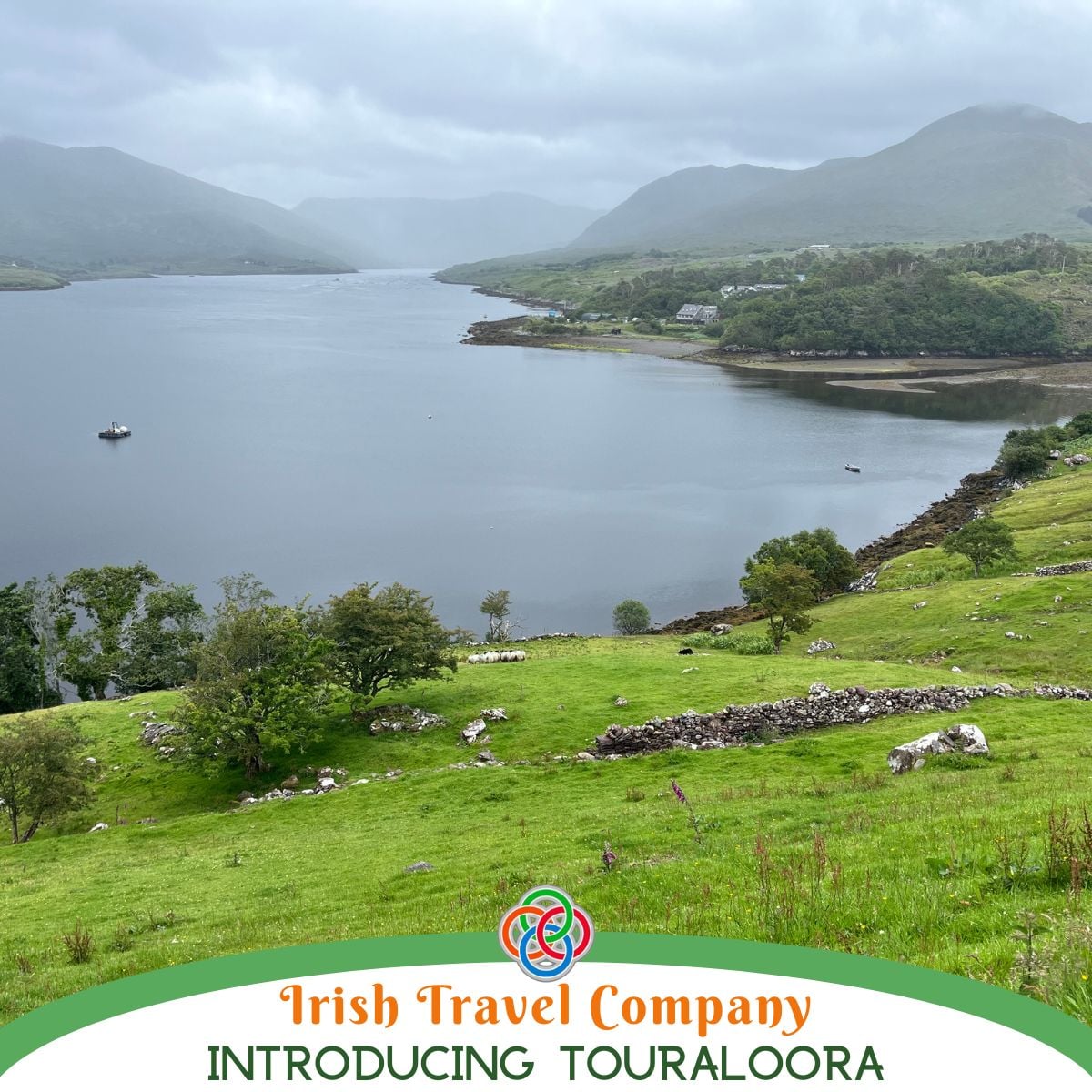 Scenic lake surrounded by green hills and mountains in the west of Ireland with text banner