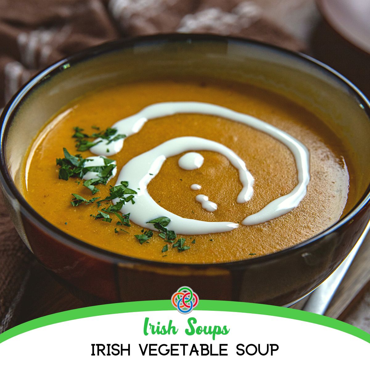 A bowl of traditional Irish vegetable soup made with carrots, celery, and potatoes in a hearty broth with text banner.