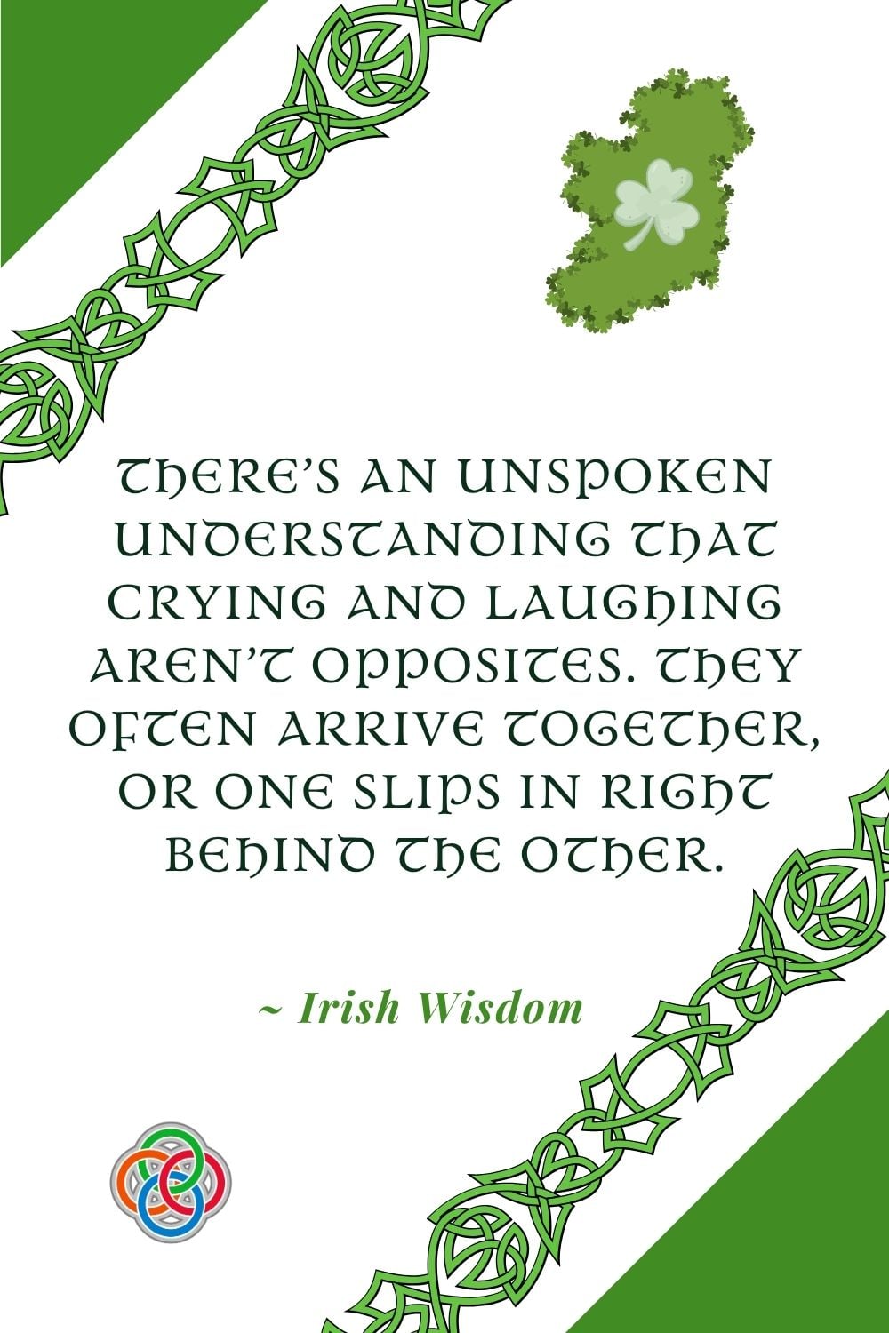 A Pinterest-style quote graphic with green Celtic knot borders and a shamrock-shaped map of Ireland. The quote reads, “There’s an unspoken understanding that crying and laughing aren’t opposites. They often arrive together, or one slips in right behind the other.” The design features Irish-themed elements and the words “Irish Wisdom” beneath the quote.