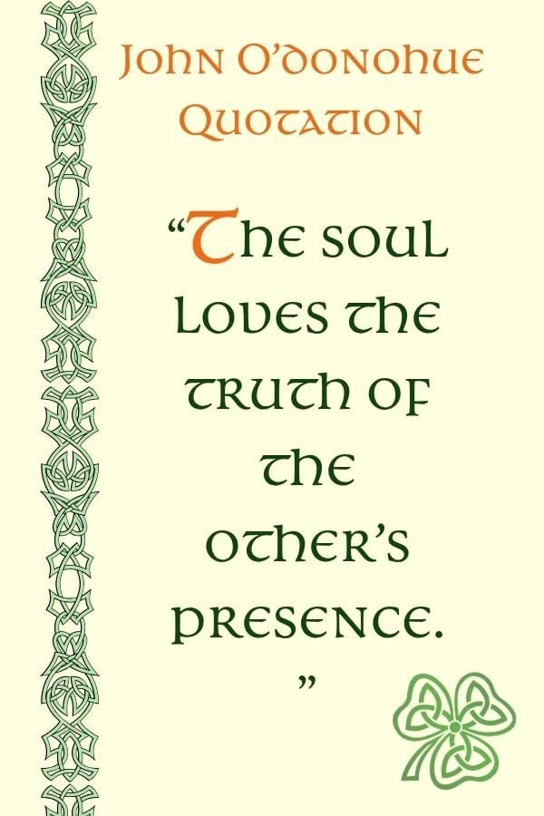 Irish-inspired quote graphic with Celtic knot border and shamrock design featuring a John O'Donoghue quote: 