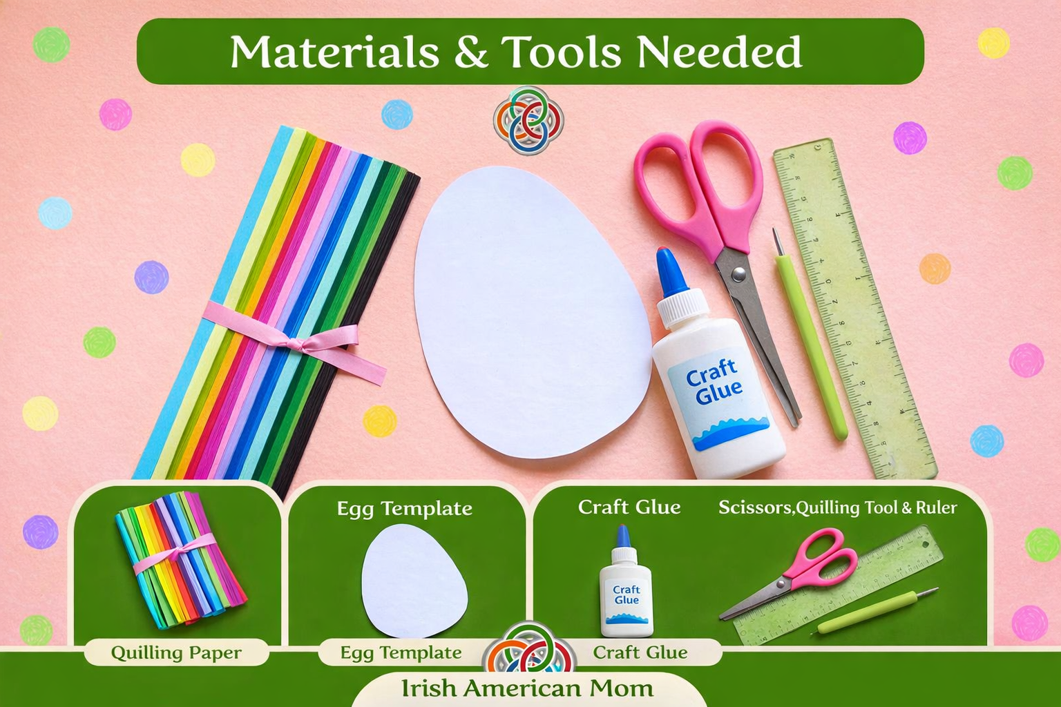 Flat lay of materials and tools needed for a quilled Easter egg craft, including colorful quilling paper strips, egg template, glue, scissors, quilling tool, and ruler on a pastel background.