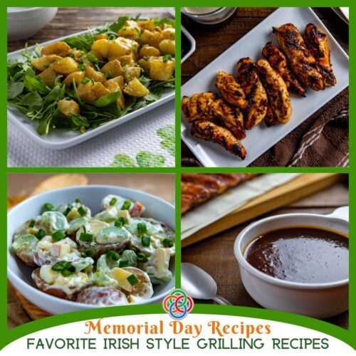 Collage of Memorial Day recipes including grilled chicken, potato salad, potato salad on greens, and barbecue sauce with text 