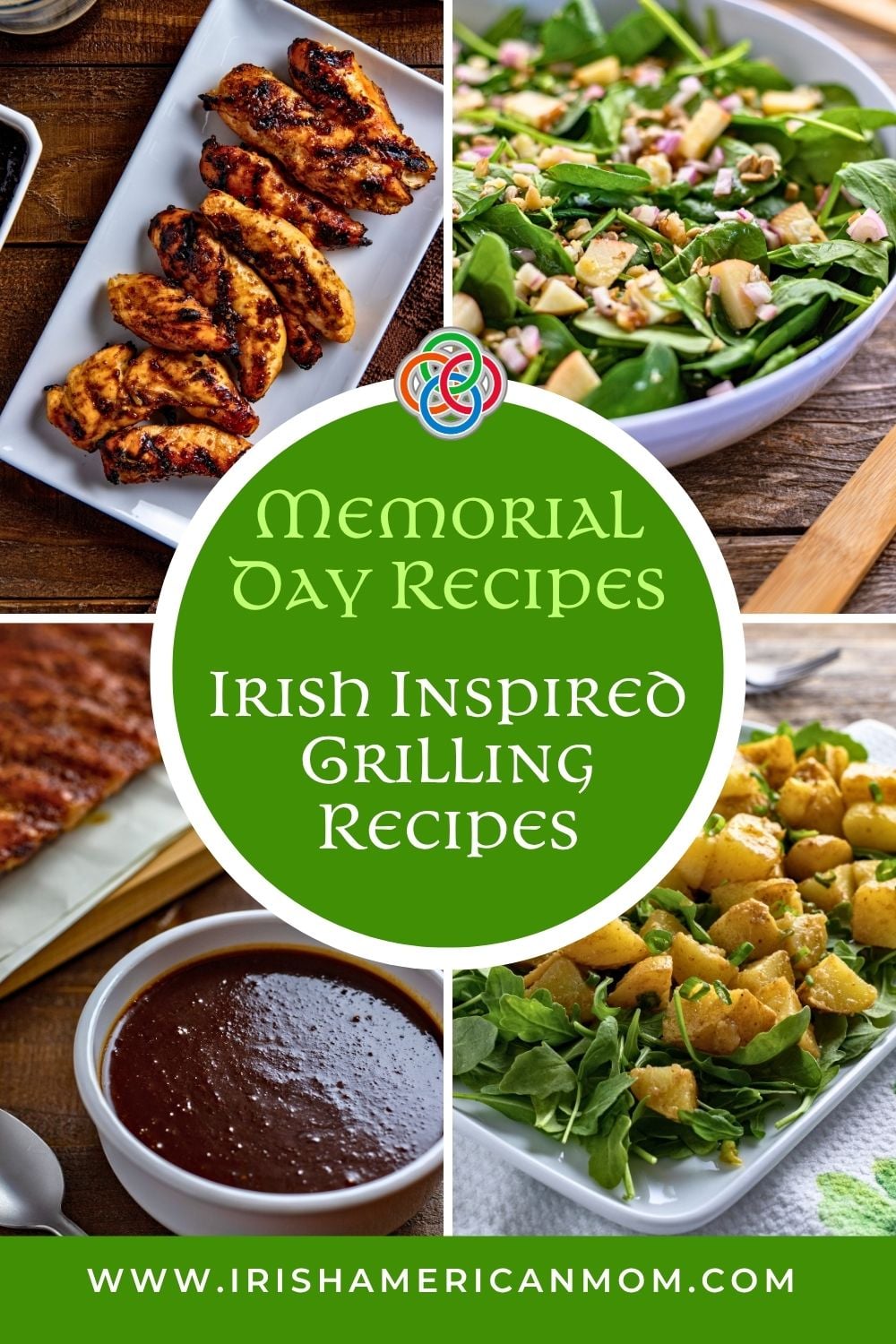 Collage of Memorial Day recipes including grilled chicken, spinach salad, barbecue sauce, and potato salad with text overlay “Irish Inspired Grilling Recipes”