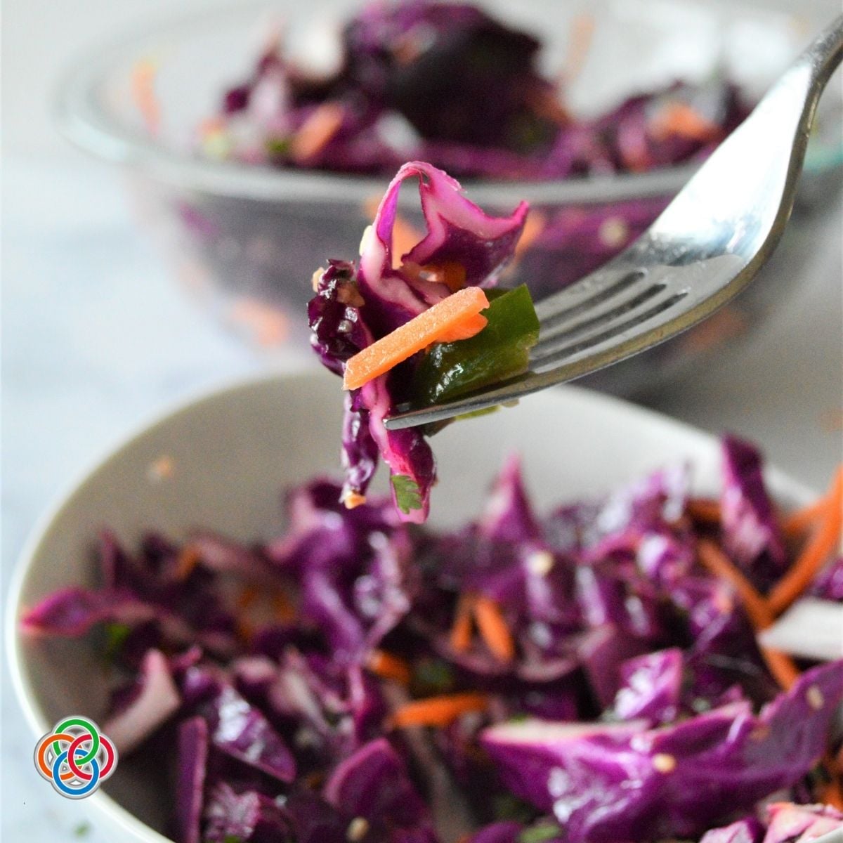 Forkful of vibrant red cabbage slaw with vinaigrette dressing over a bowl of the coleslaw.