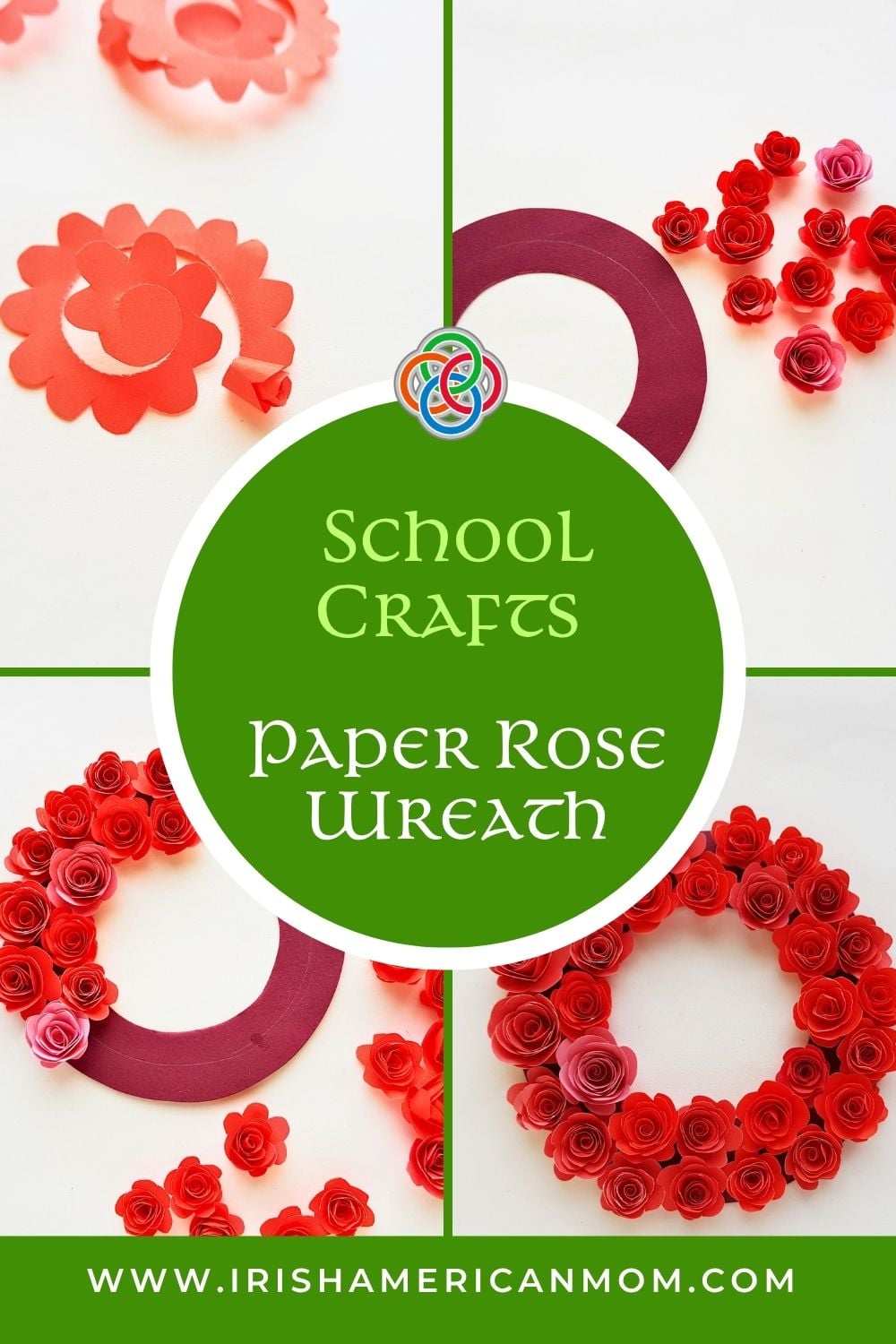 A collage-style image showing steps of making a paper rose wreath, including spiral templates, finished roses, and a completed floral wreath, with the text “School Crafts Paper Rose Wreath.”