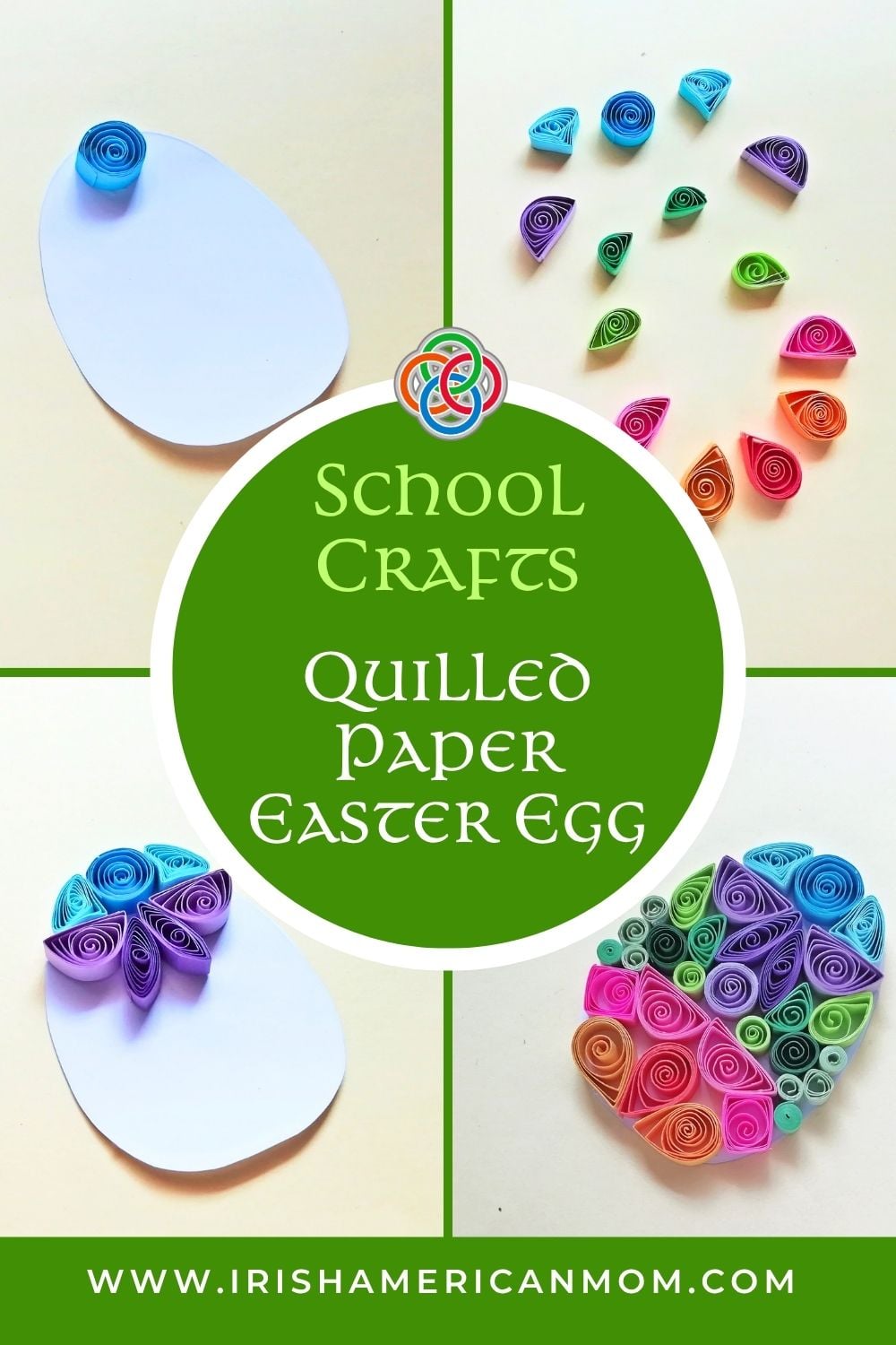 Collage showing steps to make a quilled paper Easter egg, including template, quilled shapes, early design, and finished colorful egg with text “School Crafts Quilled Paper Easter Egg.”