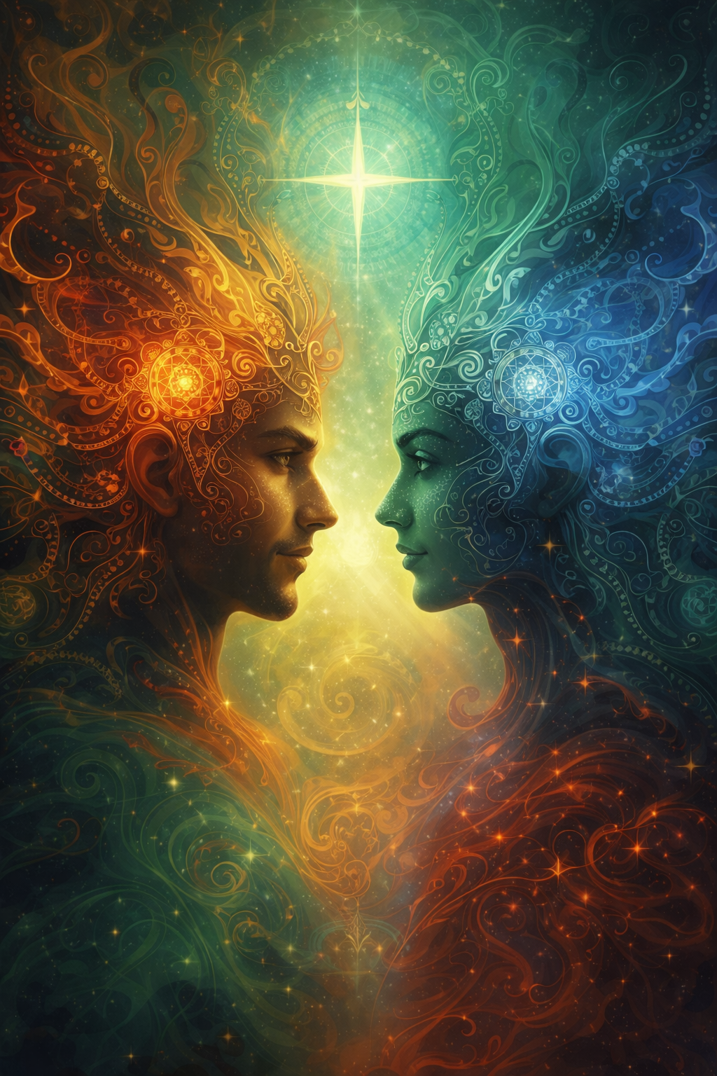 Mystical digital artwork of a man and woman facing each other with glowing Celtic patterns and swirling colors, symbolizing soul connection and Irish spiritual harmony.