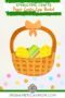Paper Easter basket craft with woven brown base, bow handle, and colorful decorated eggs, with text reading Springtime Crafts Paper Easter Egg Basket.