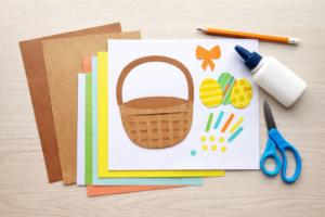 Overhead view of supplies for a paper Easter basket craft, including colored paper, brown cardstock basket pieces, decorated paper eggs, scissors, glue, and a pencil arranged on a light surface.