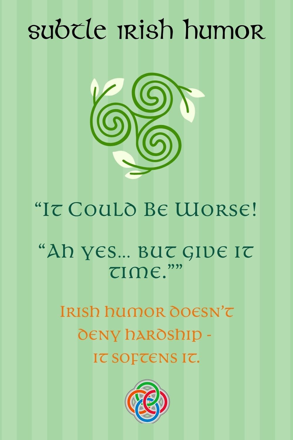 A green striped quote graphic with Celtic design elements reading, “It could be worse. Ah yes… but give it time.” and “Irish humor doesn’t deny hardship—it softens it.” with Irish American Mom branding.