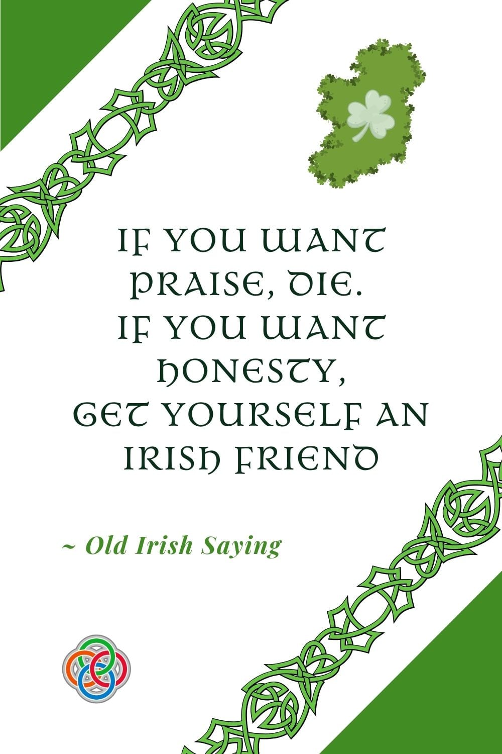 Irish quote graphic with green Celtic knot borders and a small shamrock map of Ireland, featuring the saying: “If you want praise, die. If you want honesty, get yourself an Irish friend.” on a light background.