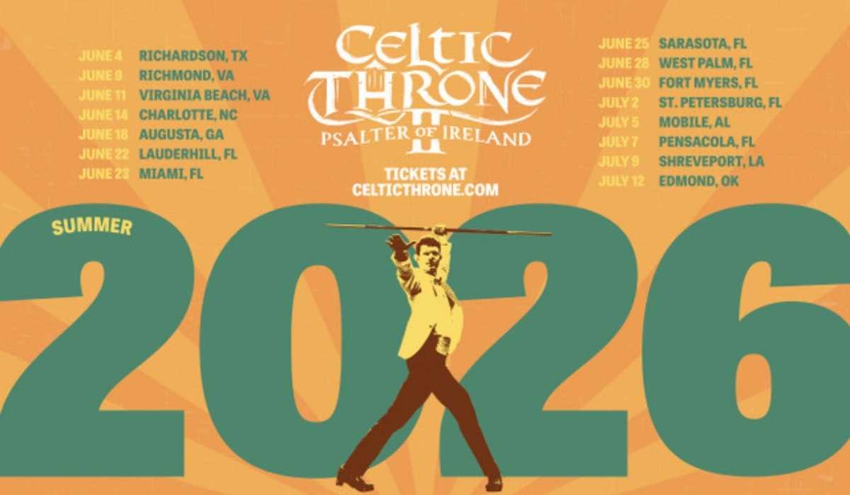 Celtic Throne Tour Dates 2026 | Irish American Mom Promotional poster for Celtic Thorne's 2026 tour with large teal '2026' on an orange background and tour dates around the edges.