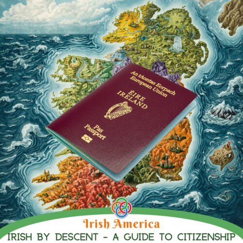 Irish passport superimposed on a map of Ireland plus a text banner
